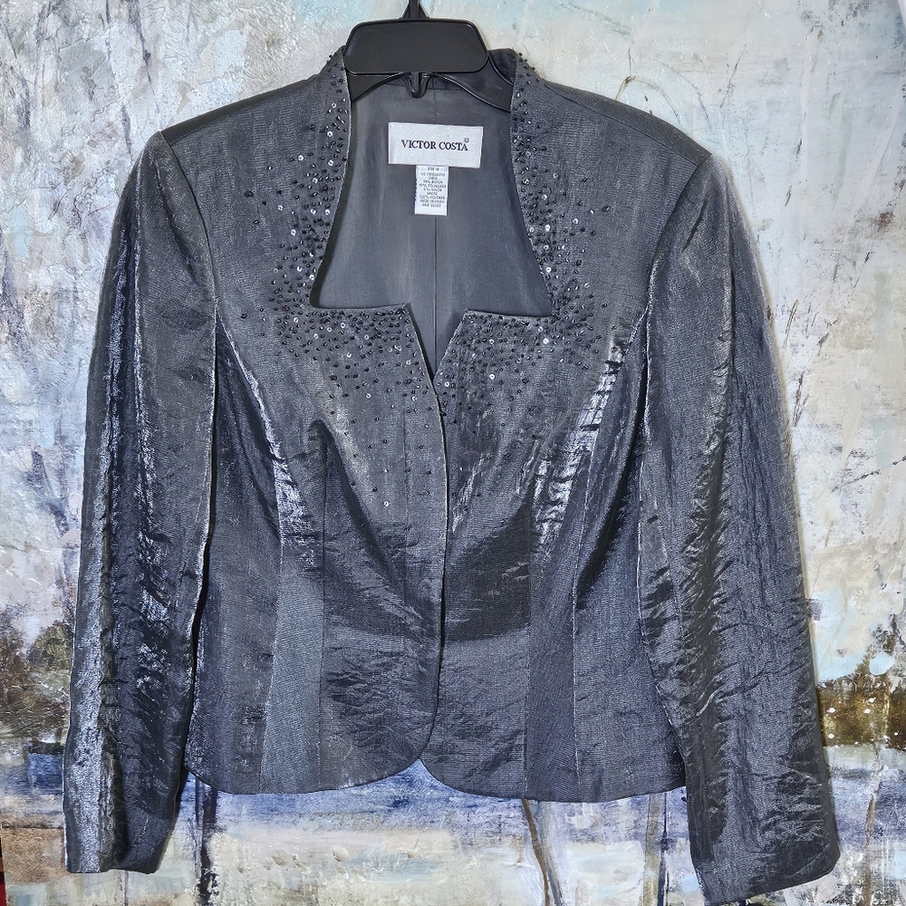 Y2K VTG Victor Costa Crinkled Metallic Gray Eveningwear Jacket Beaded W's Sz 10